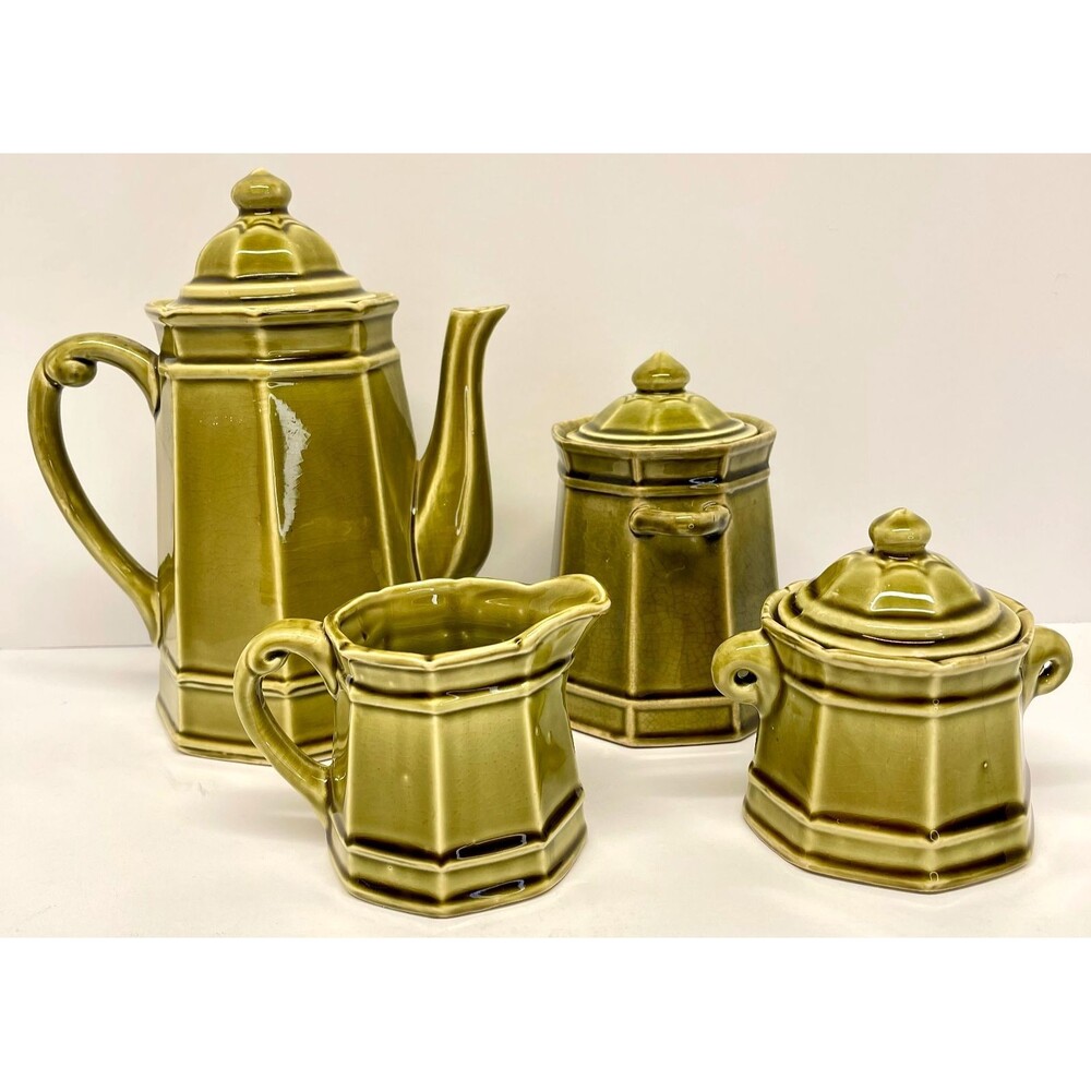 Vintage Stone Craft Royal Sealy Japan Green Tea Set 4 Pc Hexagonal-Olive Green